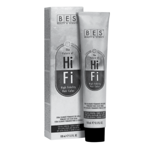 A tube and box of BES Hifi ML 100 High Fidelity Hair Color, labeled with product and brand info, are shown in black and white.