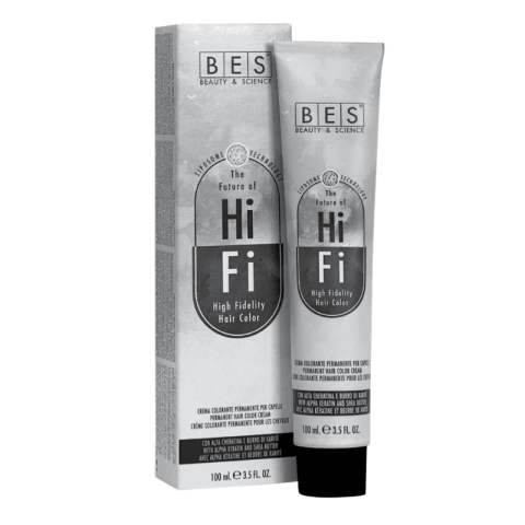 A tube and box of BES Hifi ML 100 High Fidelity Hair Color, labeled with product and brand info, are shown in black and white.