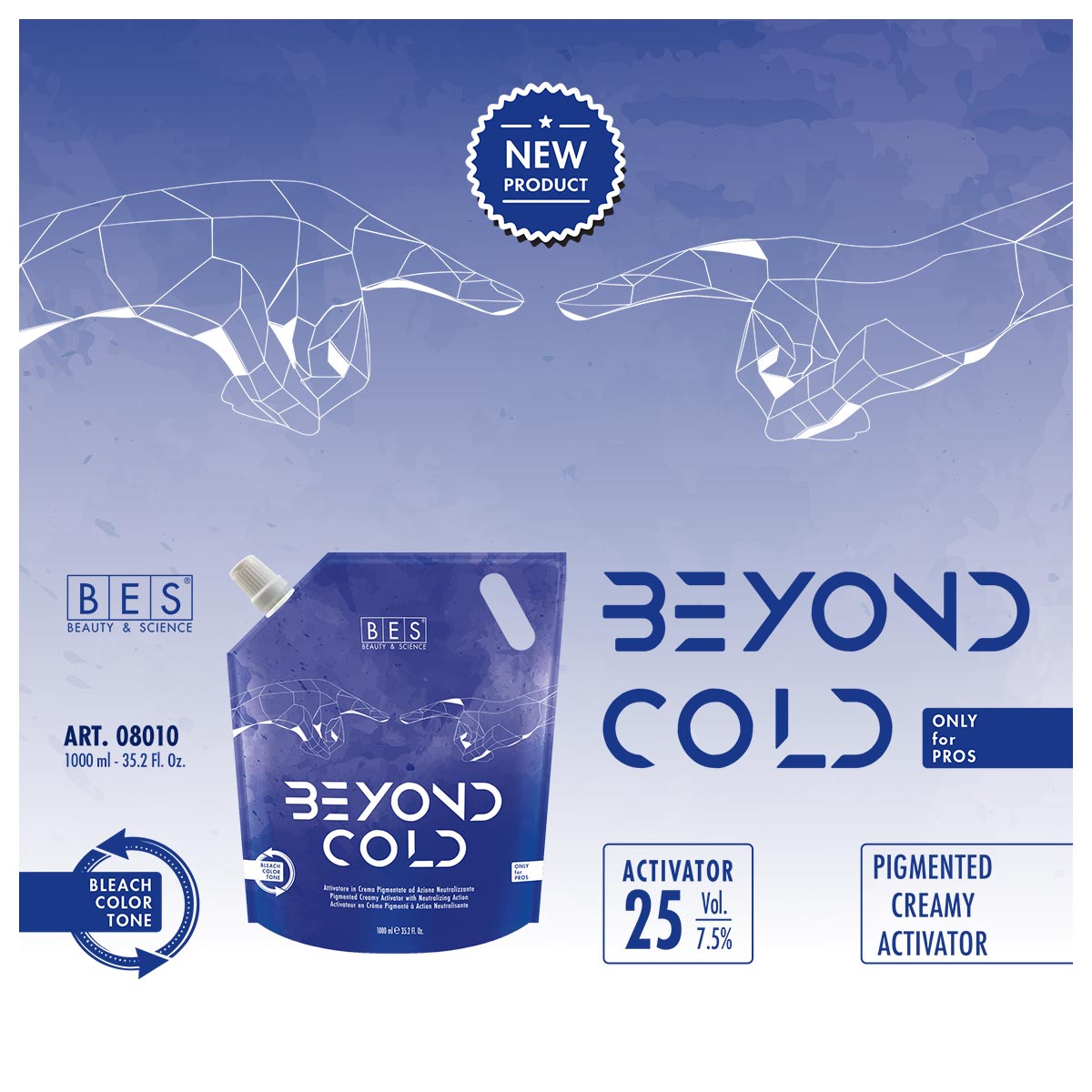 A blue and white product pouch labeled “Beyond Cold” is displayed alongside geometric hand graphics and product details, promoting a 25 vol. pigmented creamy activator for professionals.