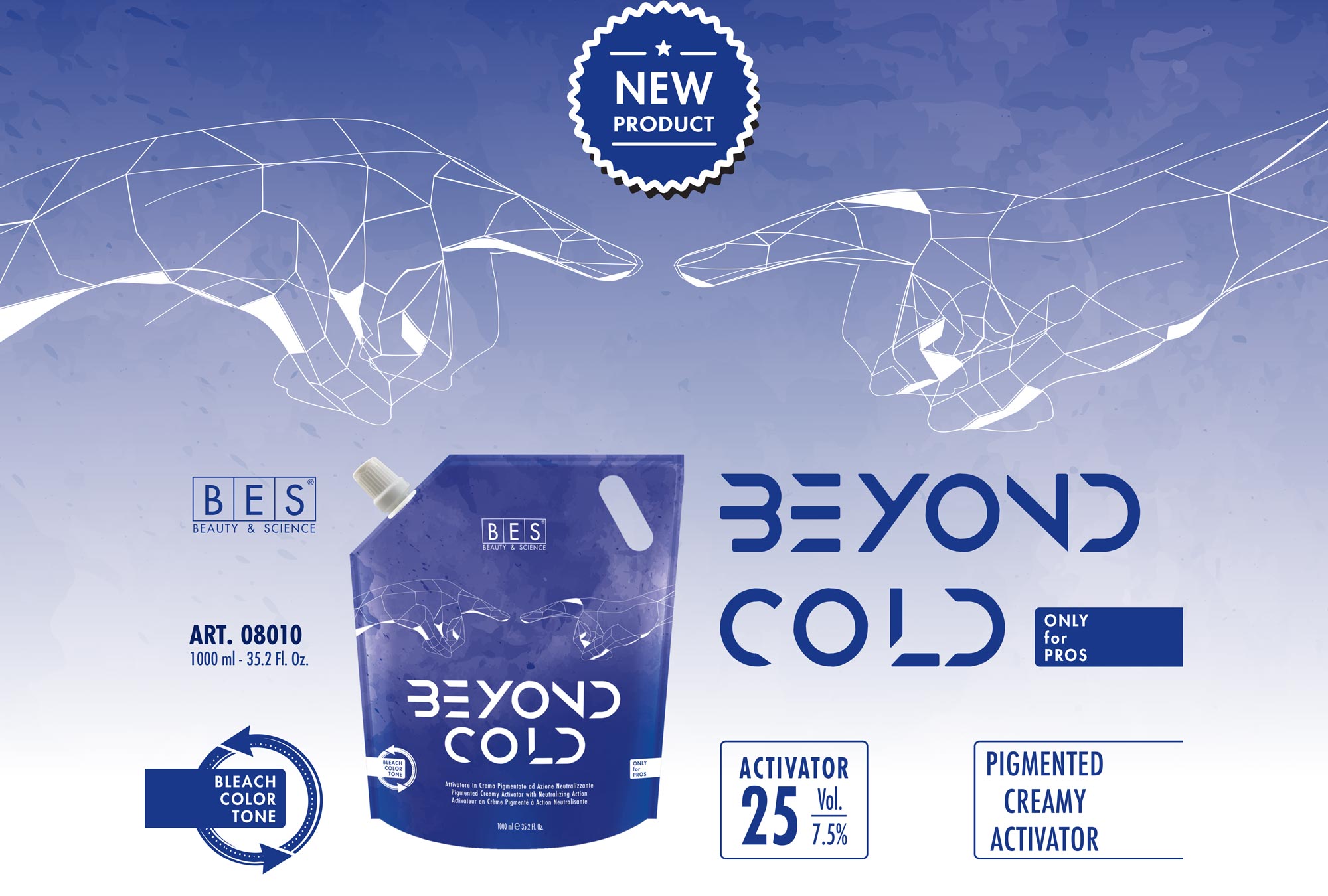 A blue pouch labeled "BEYOND COLD" activator with 7.5% volume, bleach color tone, and "ONLY for PROS" text, set against digital line art of two hands reaching toward each other.