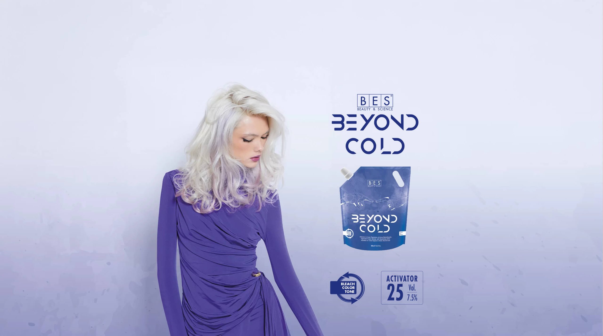 A woman with platinum blonde hair in a purple dress stands next to a BES Beyond Cold hair product package and text promoting the product and 25ml activator.