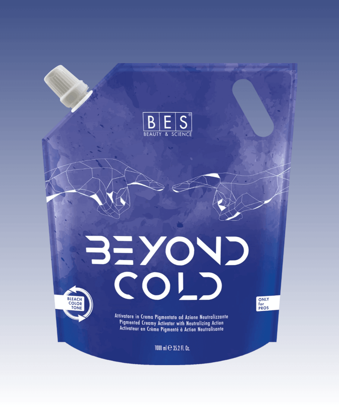 A blue 1000 ml pouch of BES Beyond Cold hair product with a white spout, featuring abstract line art and bold white text on the front.