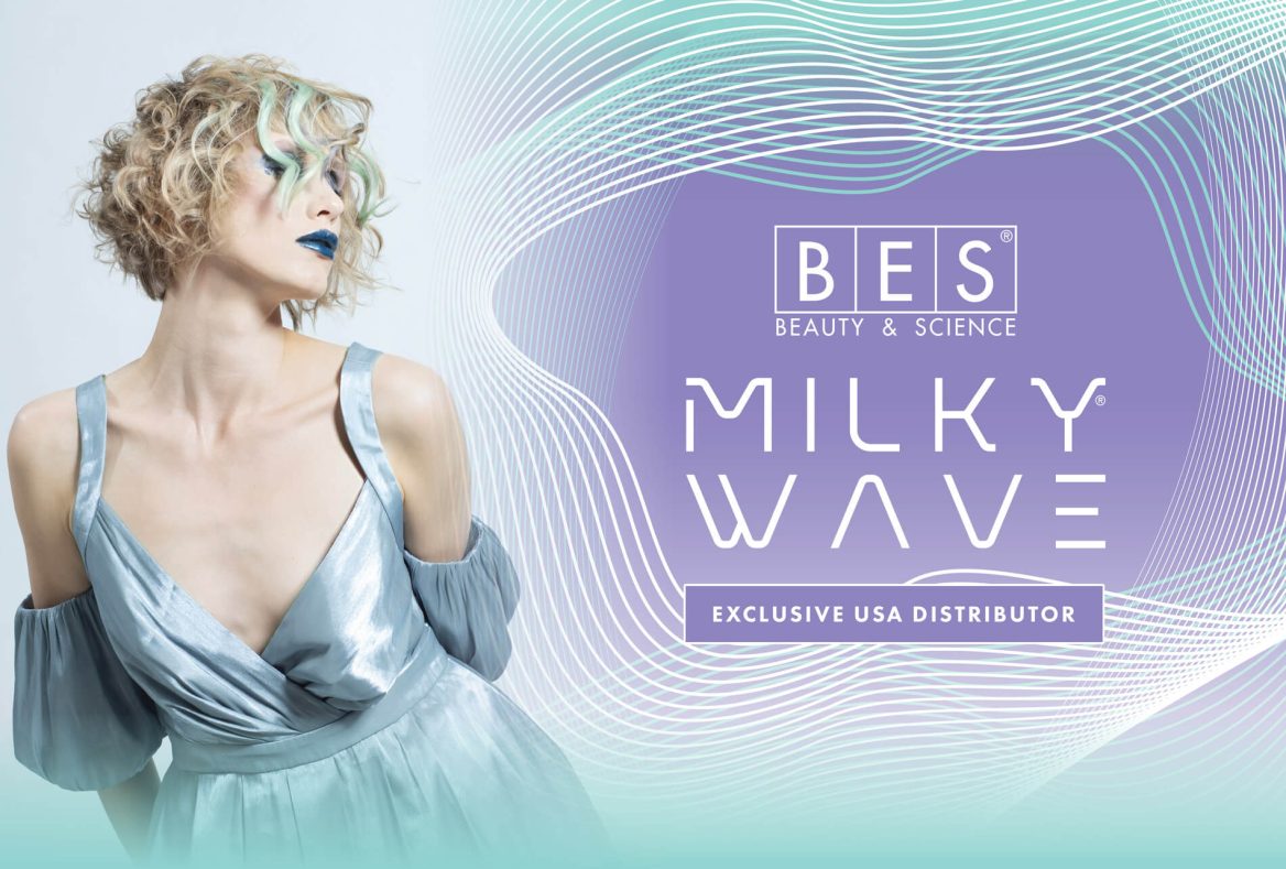 Woman with curly blonde hair and blue lipstick wearing a silver dress, next to BES Beauty & Science Milky Wave branding and "Exclusive USA Distributor" text on a wave-patterned background.