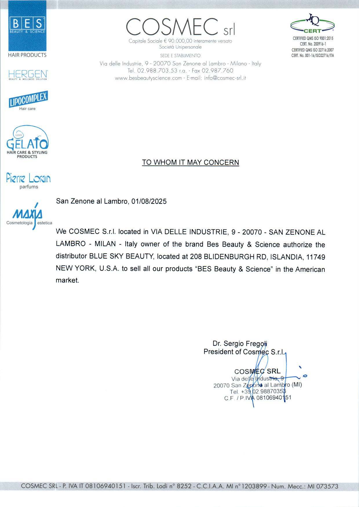 A formal authorization letter on COSMEC Srl letterhead, dated 01/08/2025, permitting Blue Sky Beauty to sell "BES Beauty & Science" products in the American market.
