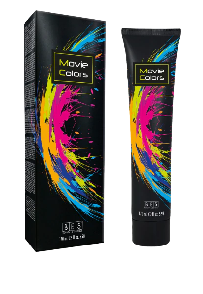 A tube and box of Movie Colors ML 170 hair color cream, both black with a colorful paint splash design and yellow text on the packaging.