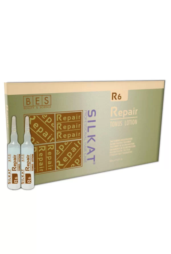 Box of R6 Tonus Repairing Lotion with two small ampoules displayed in front of the packaging.