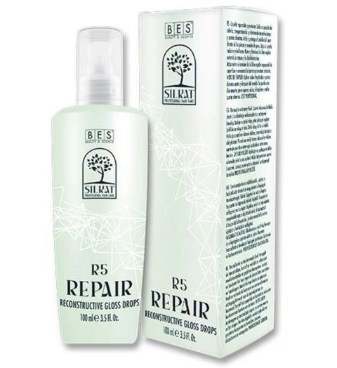 A 100 ml bottle and box of R5 Reconstructive Gloss Drops with a tree logo and product details.