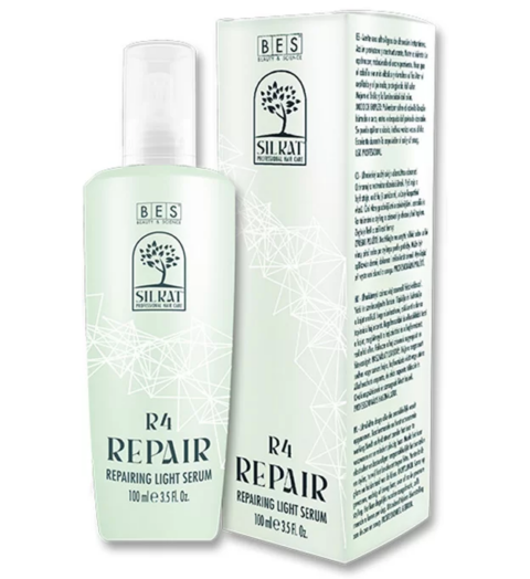 A bottle of R4 Repairing Light Serum, 100 ml, is displayed beside its branded product box with detailed text.