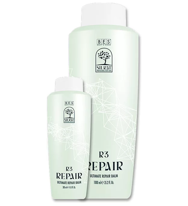 Two bottles of R3 Ultimate Repair Balm, in 300 ml and 1000 ml sizes, are displayed against a white background.