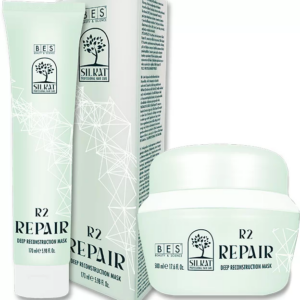 R2 Deep Reconstruction Mask is displayed in a tube, jar, and outer box, all in light green with black text and logo.