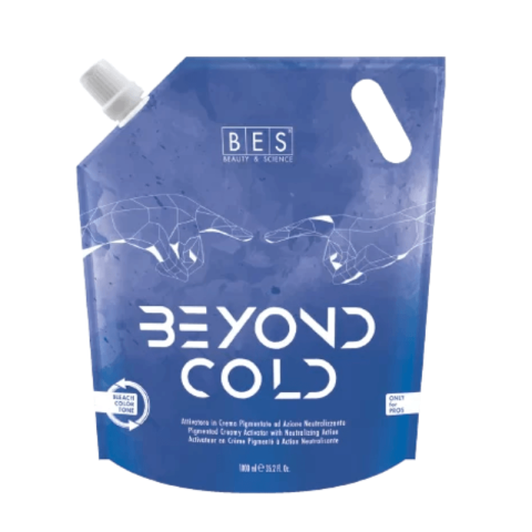 A blue BES Beyond Cold pouch with a white spout features geometric animal outlines and text stating it is for professional use only.
