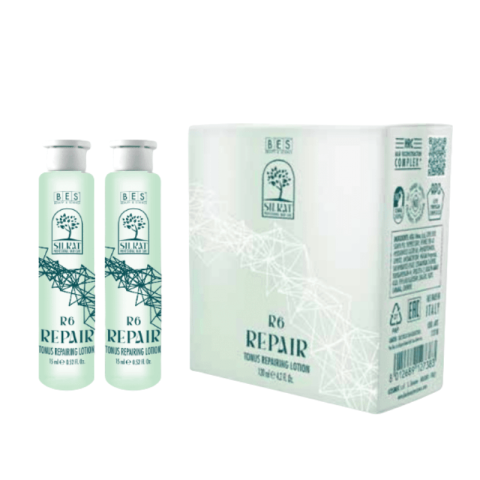 Two bottles and a box of R6 Tonus Repairing Lotion, featuring detailed product labels and branding, are displayed against a white background.