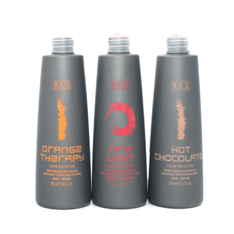 Three BES Color Reflection 300ml bottles—Orange Therapy, Fire Limit, and Hot Chocolate—are displayed.