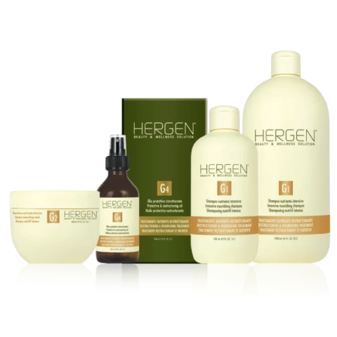 Five BES Hergen Gold hair care products in various bottle shapes and sizes, featuring cream and gold labels, are arranged against a plain white background.