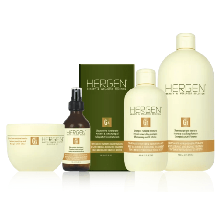 Five BES Hergen Gold hair care products in various bottle shapes and sizes, featuring cream and gold labels, are arranged against a plain white background.