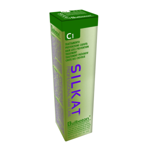 A green box labeled "BES Silkat Bulboton" for hair loss prevention, featuring multilingual text.