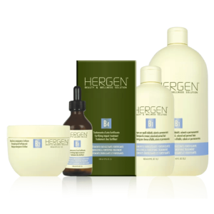 A set of BES Hergen Blue hair care products, including bottles, a jar, a dropper bottle, and a box labeled B2 and B4 from the Beauty & Wellness Solution line.