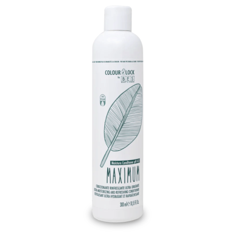 A white bottle of BES Max Moisture conditioner featuring a feather graphic and product details printed in green and black text.