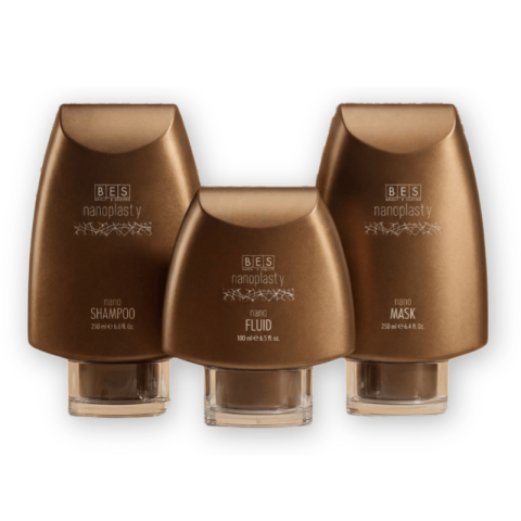 Three brown BES Nanoplasty bottles—shampoo, fluid, and mask—are arranged side by side on a white background.