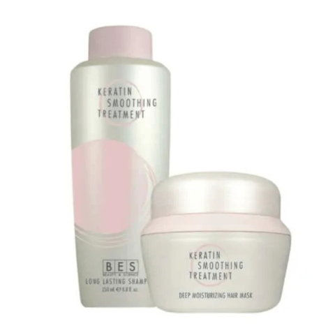 Two containers of BES Keratin Smoothing Treatment: a tall shampoo bottle and a round jar of deep moisturizing hair mask.