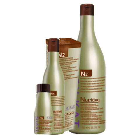 Four bottles and boxes of BES Silkat Nutritivo hair care products in green and brown packaging are displayed, featuring different sizes and labels.