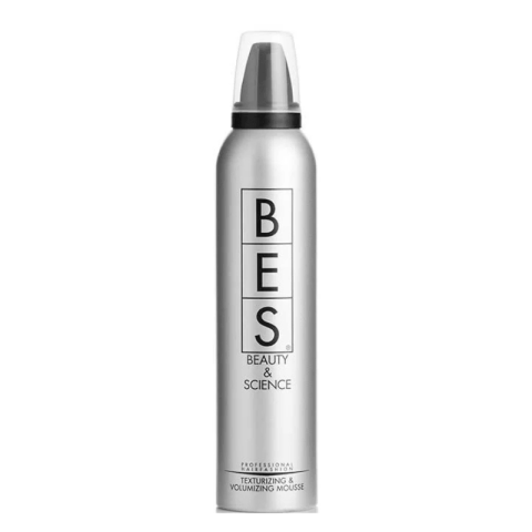 A silver canister of BES PHF professional texturizing and volumizing mousse with a clear plastic cap.