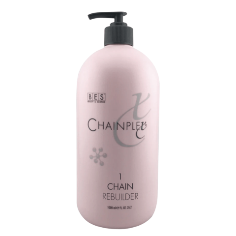 A large pink bottle with a black pump labeled "BES Chainplex," containing 1000 ml of hair treatment product.