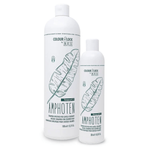 Two white bottles of BES Colour Lock shampoo, featuring a green feather illustration on the label, one in a large size and one in a small size.