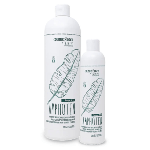 Two white bottles of BES Colour Lock shampoo, featuring a green feather illustration on the label, one in a large size and one in a small size.