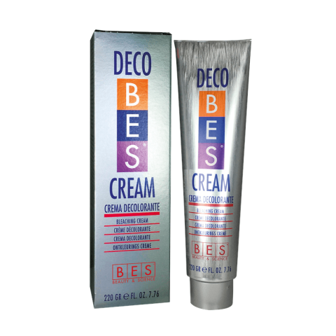 A tube and box of BES Bleaching cream, labeled in multiple languages, featuring a silver, blue, orange, and purple design; available in 220g (7.7 fl. oz.).
