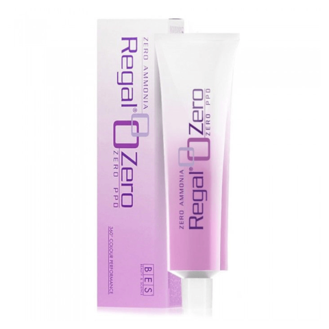 A tube and box of BES Regal Zero ML 100 hair color, labeled "Zero Ammonia" and "Zero PPD," in purple and white packaging.