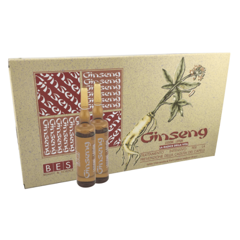 Two glass ampoules labeled "Ginseng" are displayed in front of a beige box featuring ginseng illustrations and Italian text for Ginseng Hair Loss Active Lotion.