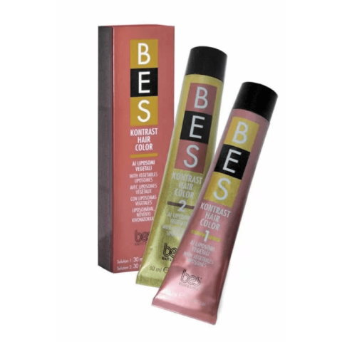 Two tubes of BES Kontrast - 2 Tubi 40 ML Hair Color, with product info in several languages and a bold, colorful design.